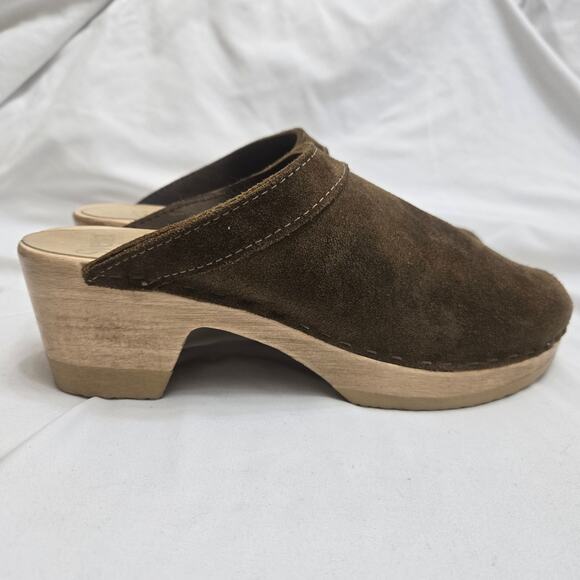 NEW Sven VintageY2K Brown Suede Heeled Slip On Swedish Mule Wooden Clogs 7.5 - Picture 1 of 12